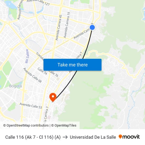Calle 116 (Ak 7 - Cl 116) (A) to Universidad De La Salle map