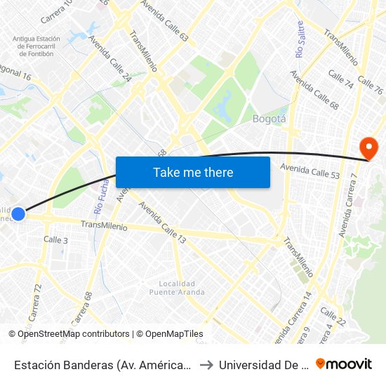 Estación Banderas (Av. Américas - Kr 78a) (B) to Universidad De La Salle map