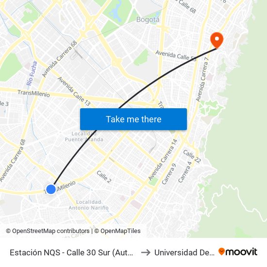 Estación NQS - Calle 30 Sur (Auto Sur - Cl 30 Sur) to Universidad De La Salle map