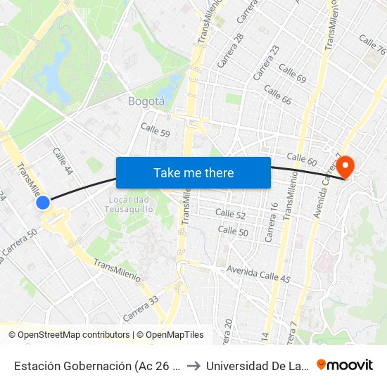 Estación Gobernación (Ac 26 - Kr 51) to Universidad De La Salle map