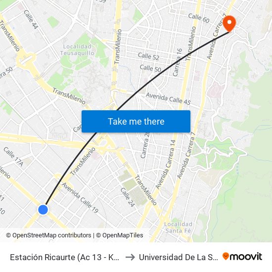 Estación Ricaurte (Ac 13 - Kr 29) to Universidad De La Salle map