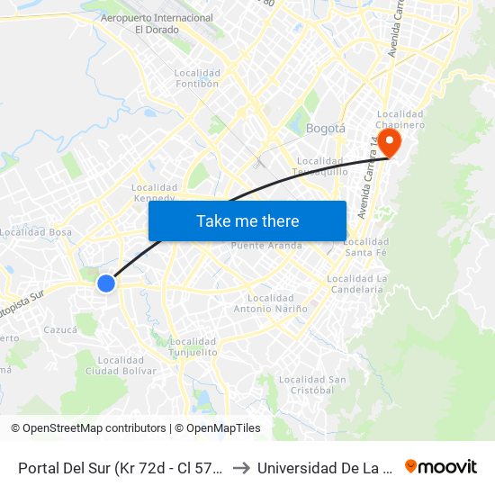 Portal Del Sur (Kr 72d - Cl 57k Sur) to Universidad De La Salle map