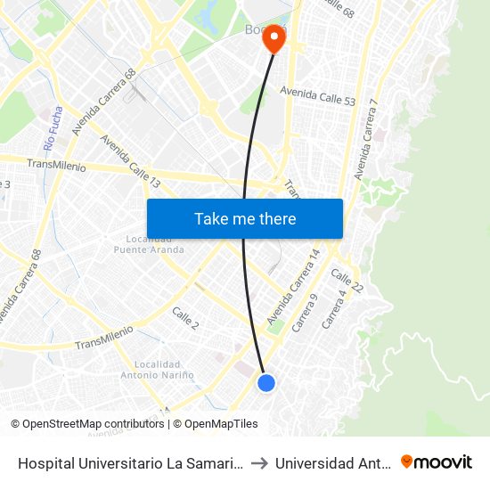 Hospital Universitario La Samaritana (Kr 8 - Cl 0 Sur) to Universidad Antonio Nariño map
