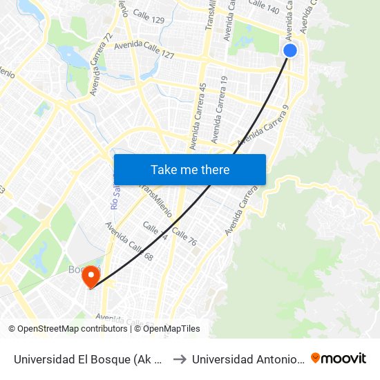 Universidad El Bosque (Ak 9 - Cl 129) to Universidad Antonio Nariño map