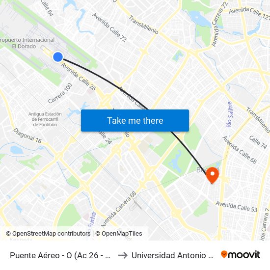 Puente Aéreo - O (Ac 26 - Kr 106) to Universidad Antonio Nariño map