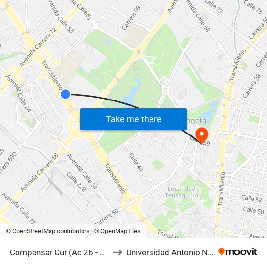 Compensar Cur (Ac 26 - Kr 69) to Universidad Antonio Nariño map