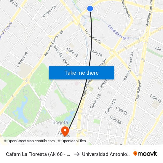 Cafam La Floresta (Ak 68 - Cl 90) (C) to Universidad Antonio Nariño map
