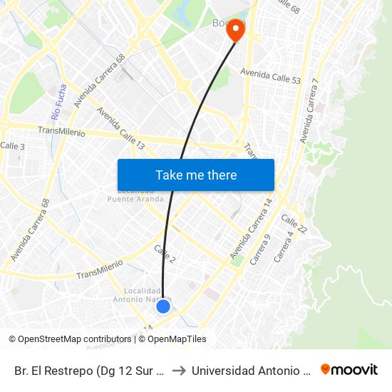 Br. El Restrepo (Dg 12 Sur - Kr 18) to Universidad Antonio Nariño map