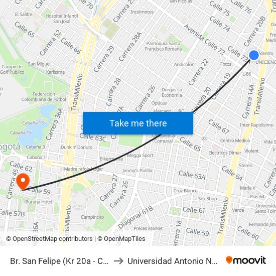 Br. San Felipe (Kr 20a - Cl 74) to Universidad Antonio Nariño map