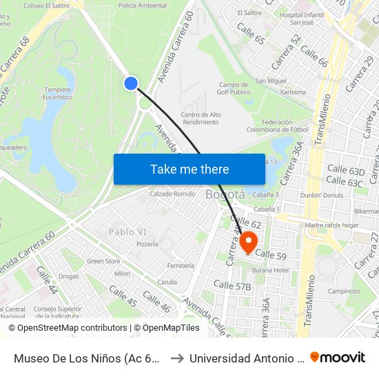 Museo De Los Niños (Ac 63 - Kr 65) to Universidad Antonio Nariño map