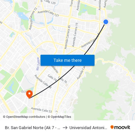 Br. San Gabriel Norte (Ak 7 - Cl 127) (A) to Universidad Antonio Nariño map