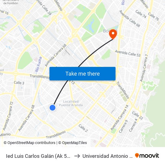 Ied Luis Carlos Galán (Ak 50 - Cl 1g) to Universidad Antonio Nariño map