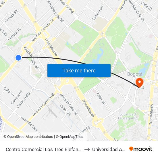 Centro Comercial Los Tres Elefantes (Av. Boyacá - Cl 23) (A) to Universidad Antonio Nariño map