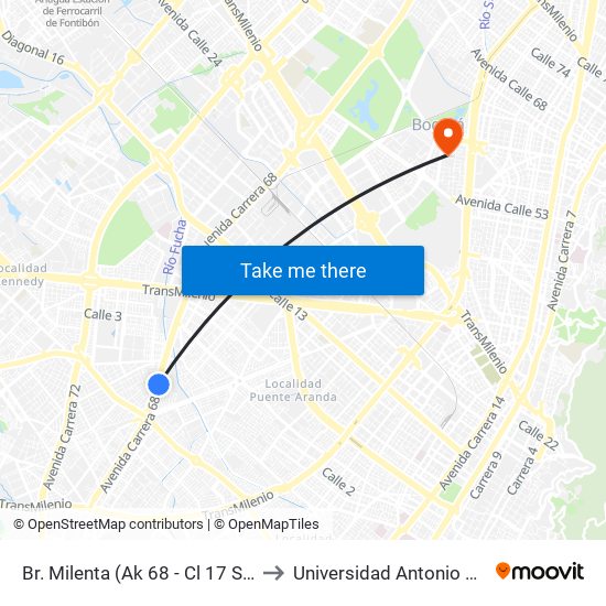 Br. Milenta (Ak 68 - Cl 17 Sur) (B) to Universidad Antonio Nariño map