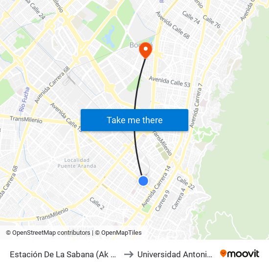 Estación De La Sabana (Ak 18 - Ac 13) to Universidad Antonio Nariño map