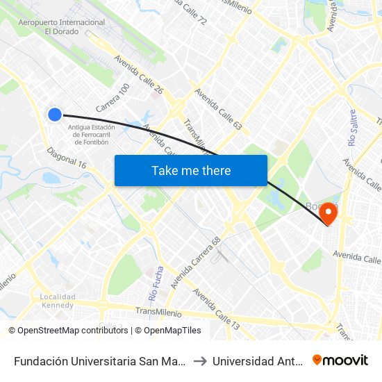 Fundación Universitaria San Martín (Cl 17 - Kr 107) to Universidad Antonio Nariño map