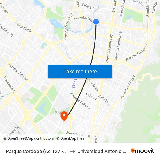 Parque Córdoba (Ac 127 - Kr 54) to Universidad Antonio Nariño map