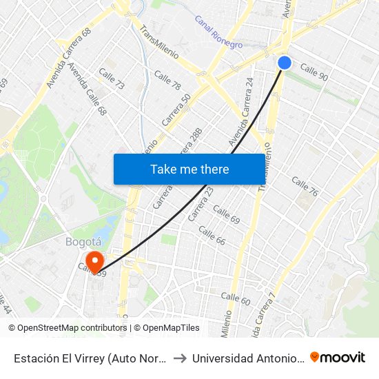 Estación El Virrey (Auto Norte - Cl 88) to Universidad Antonio Nariño map