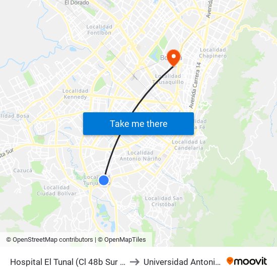 Hospital El Tunal (Cl 48b Sur - Kr 21) (B) to Universidad Antonio Nariño map