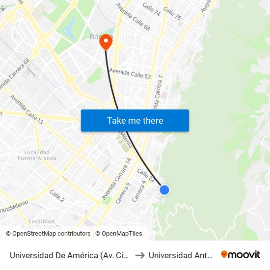 Universidad De América (Av. Circunvalar - Cl 19a) to Universidad Antonio Nariño map