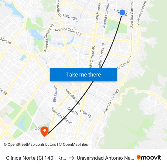 Clínica Norte (Cl 140 - Kr 12) to Universidad Antonio Nariño map