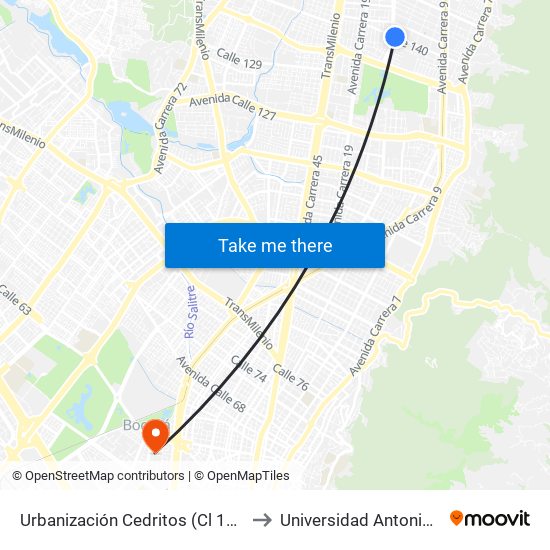 Urbanización Cedritos (Cl 140 - Kr 13) to Universidad Antonio Nariño map