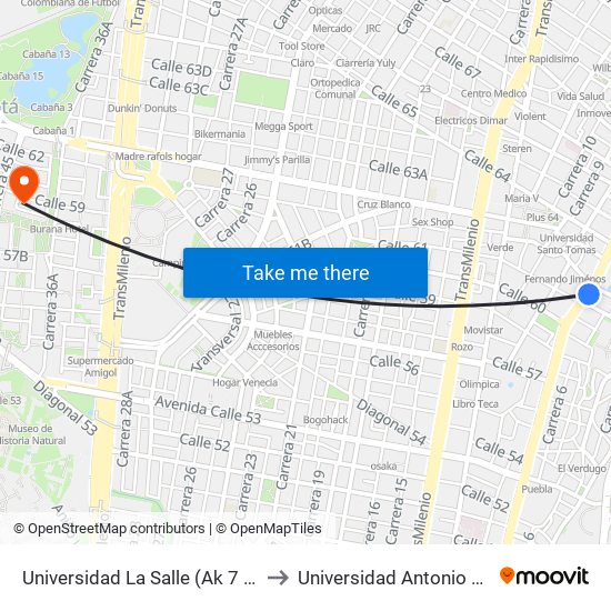 Universidad La Salle (Ak 7 - Cl 61) to Universidad Antonio Nariño map