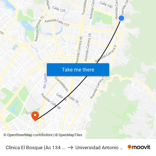 Clínica El Bosque (Ac 134 - Ak 7) to Universidad Antonio Nariño map