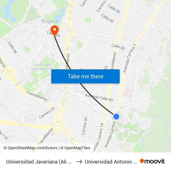Universidad Javeriana (Ak 7 - Cl 40) to Universidad Antonio Nariño map