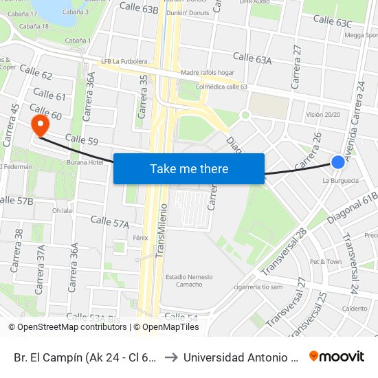Br. El Campín (Ak 24 - Cl 61d Bis) to Universidad Antonio Nariño map