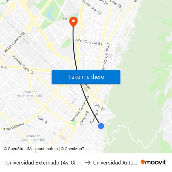 Universidad Externado (Av. Circunvalar - Cl 12) to Universidad Antonio Nariño map