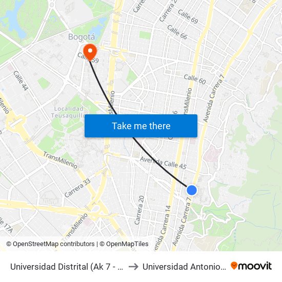 Universidad Distrital (Ak 7 - Cl 40) (B) to Universidad Antonio Nariño map