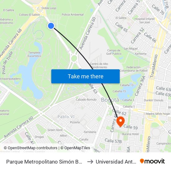 Parque Metropolitano Simón Bolívar (Ac 63 - Ak 68) to Universidad Antonio Nariño map