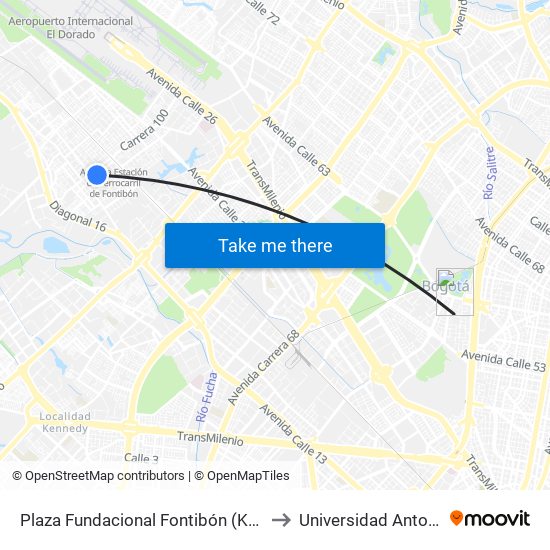Plaza Fundacional Fontibón (Kr 99 - Cl 18a) (A) to Universidad Antonio Nariño map