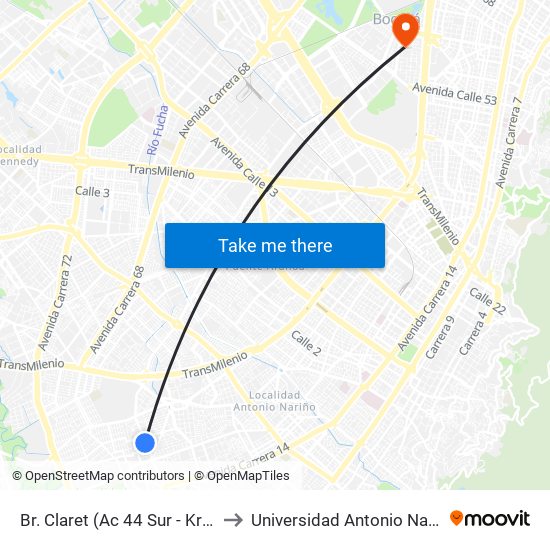 Br. Claret (Ac 44 Sur - Kr 26) to Universidad Antonio Nariño map