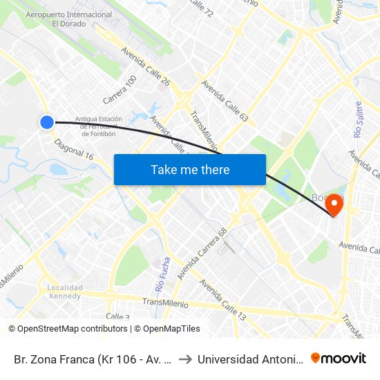 Br. Zona Franca (Kr 106 - Av. Centenario) to Universidad Antonio Nariño map