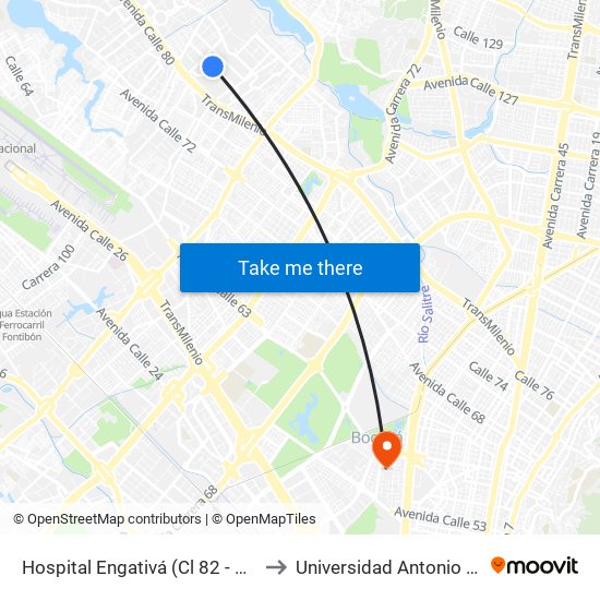 Hospital Engativá (Cl 82 - Kr 100a) to Universidad Antonio Nariño map
