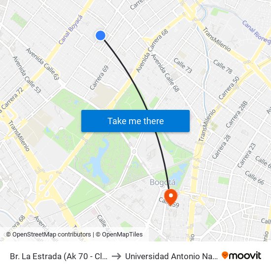Br. La Estrada (Ak 70 - Cl 68) to Universidad Antonio Nariño map