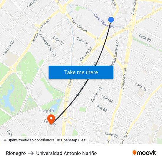 Rionegro to Universidad Antonio Nariño map