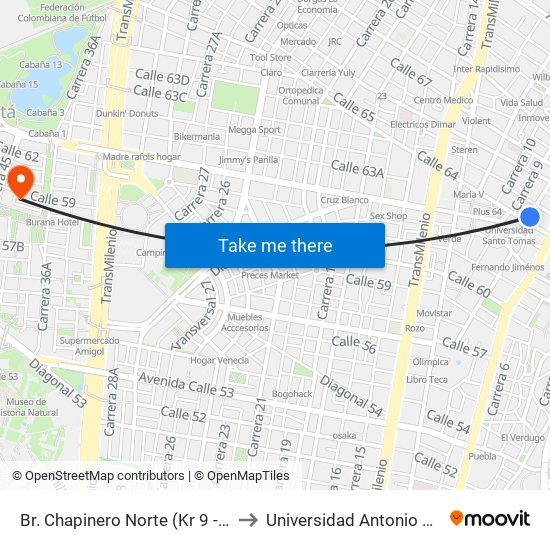 Br. Chapinero Norte (Kr 9 - Cl 64) to Universidad Antonio Nariño map