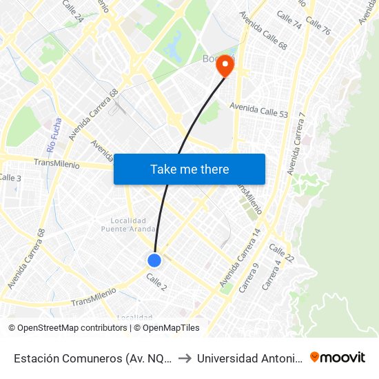 Estación Comuneros (Av. NQS - Cl 4 Bis) to Universidad Antonio Nariño map