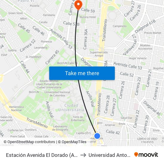 Estación Avenida El Dorado (Av. NQS - Cl 40a) to Universidad Antonio Nariño map