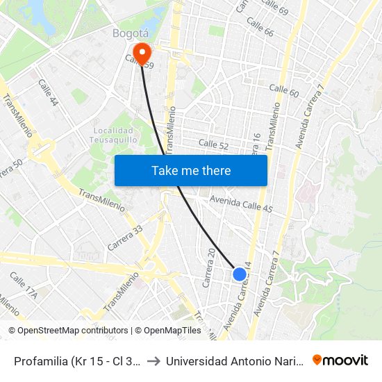 Profamilia (Kr 15 - Cl 34) to Universidad Antonio Nariño map