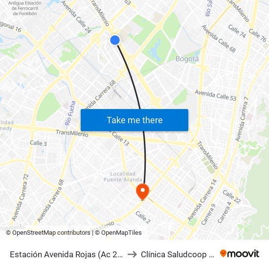 Estación Avenida Rojas (Ac 26 - Kr 69d Bis) (B) to Clínica Saludcoop Juan Corpas map