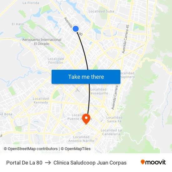 Portal De La 80 to Clínica Saludcoop Juan Corpas map