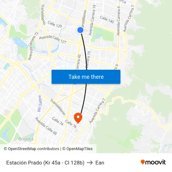 Estación Prado (Kr 45a - Cl 128b) to Ean map