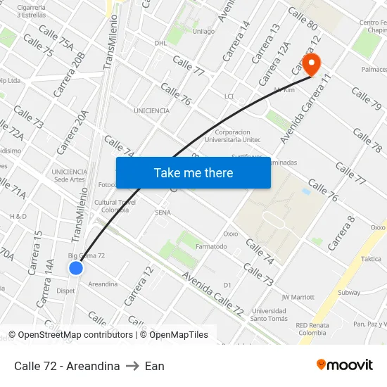 Calle 72 - Areandina to Ean map