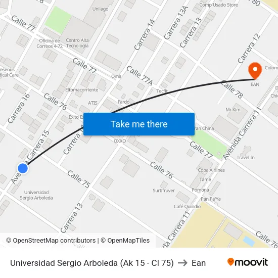 Universidad Sergio Arboleda (Ak 15 - Cl 75) to Ean map