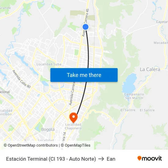 Estación Terminal (Cl 193 - Auto Norte) to Ean map