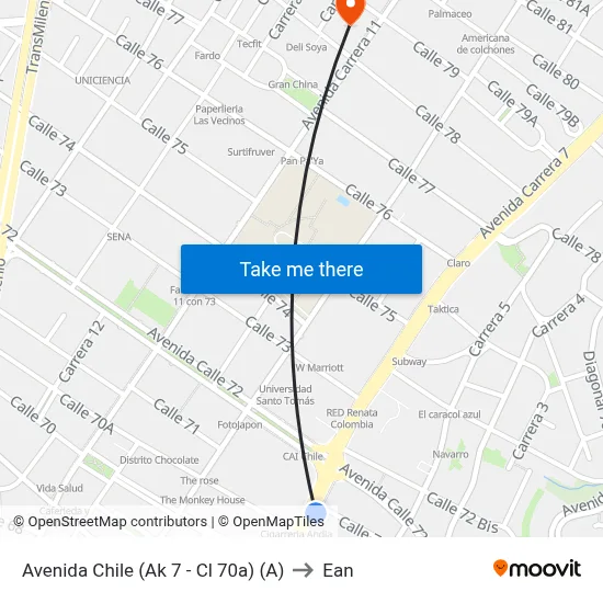 Avenida Chile (Ak 7 - Cl 70a) (A) to Ean map